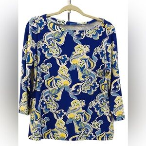 J. McLaughlin Blue and Yellow Paisley Long Sleeve Top XL EUC